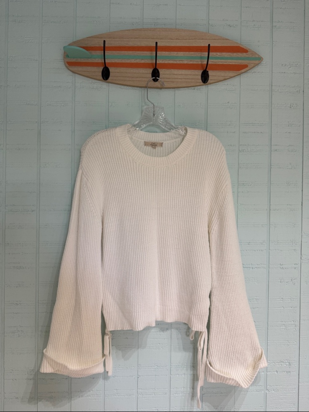 White Knit Sweater with Drawstring Sides